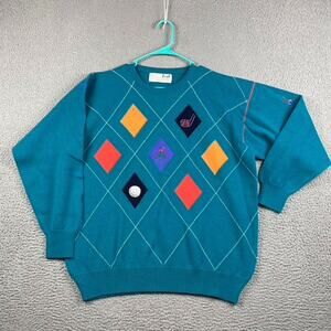 Vintage Pringles Of Scotland Argyle Sweater Men’s L Golf Jumper Teal Pure Wool